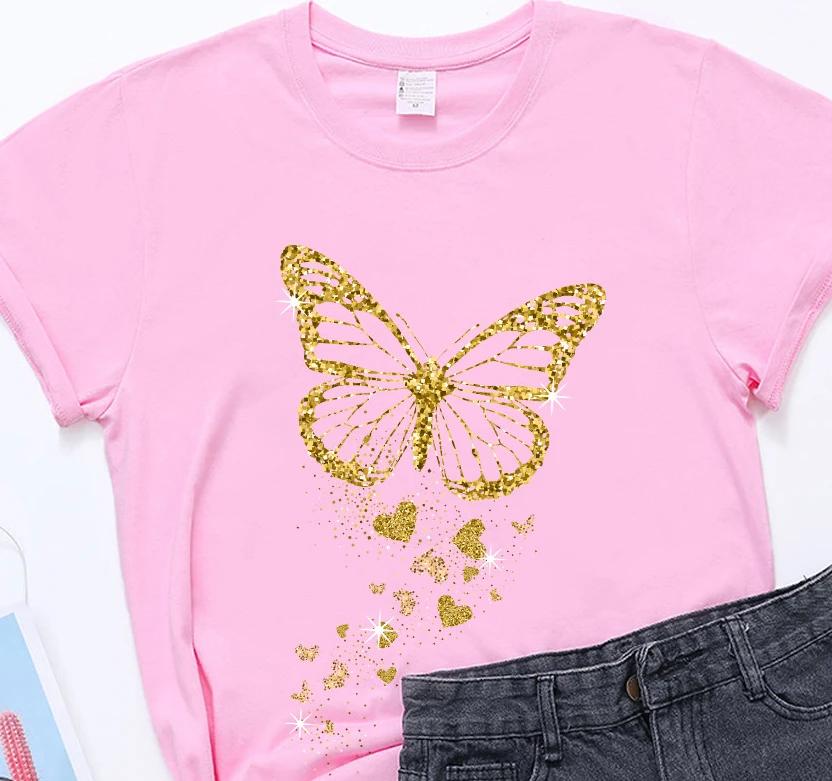 O Neck Loose Women Tshirt Ladies Tee Shirt Tops Clothes Camisetas Mujer Golden Butterfly Print Women T Shirt Short Sleeve