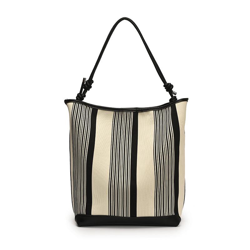 Premium Elastic Weaving Canvas Striped Bucket Bag Korean Lazy Wind Tote Bag Large Capacity Commuter Shoulder Bag
