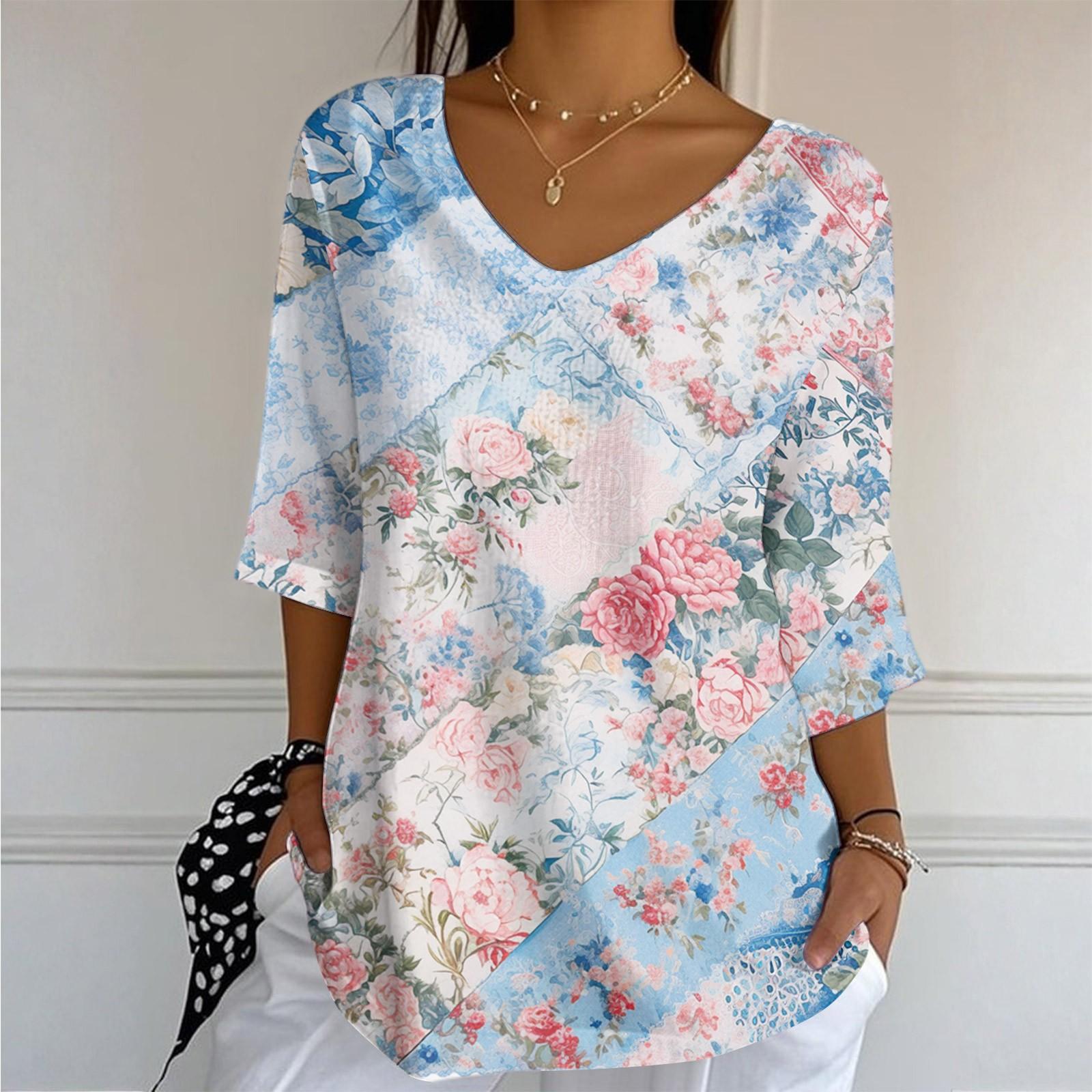 

Женский повседневный и модный топ с V-образным вырезом, цветочным принтом и рукавами три четверти XL небесно-голубой