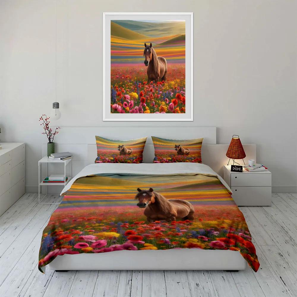 Horse In Colorful Meadow Decor Set Bedding Set with 1 Duvet Cover 2 Pillowcases Single Double King Queen Gift