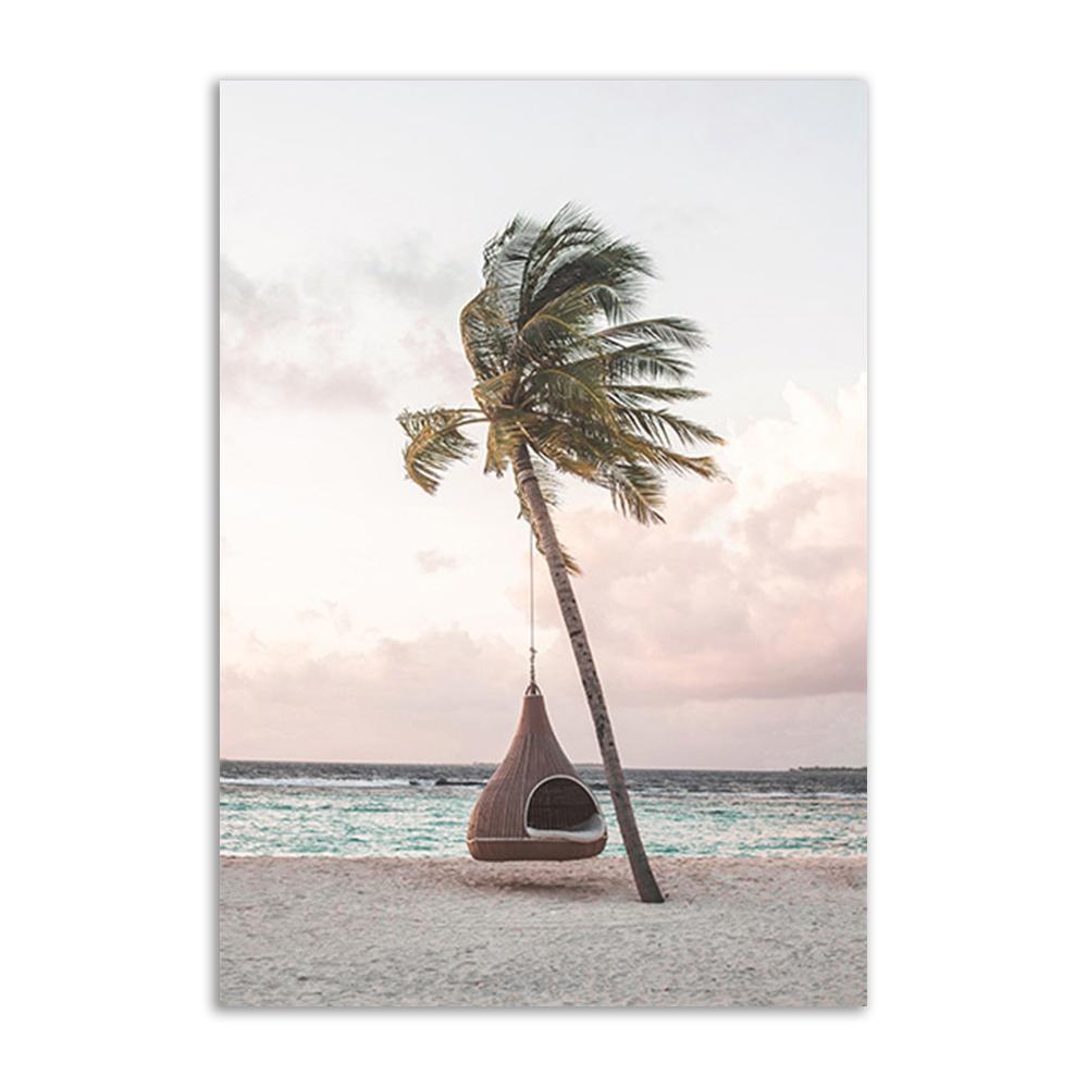 Pink Seascape Wall Art Canvas Painting Sunshine Beach Wall Poster Print Starfish Palm Tree Prints Nordic Wall Picture Home Decor