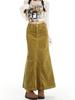 Dames 2026 Hoge Taille Retro Geel Ribfluweel Visstaart Rok - Slankmakend, Heupomhelzend, Lang, voor Peer Vorm, Nieuwe Lente Collectie.