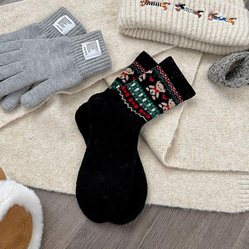 Retro Ethnic Style Wool Socks Children Thickened Warm Coffee Plush Bear Medium Tube Stacking Socks
