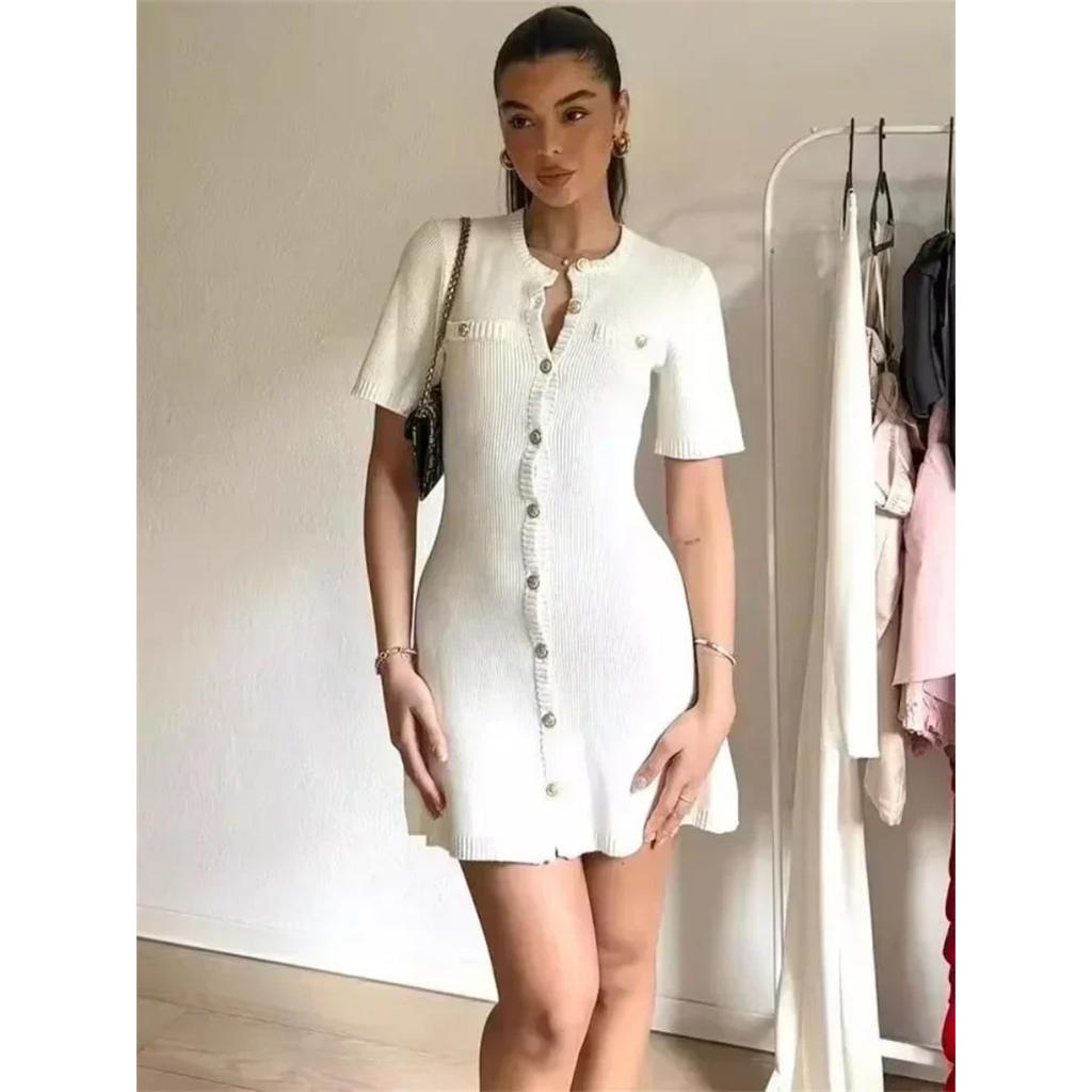 Elegant Knit Mini Dress Women Street Slim High Waist Short Sleeve Rib Sweater Dresses Vacation Bodycon Knitwear Dress
