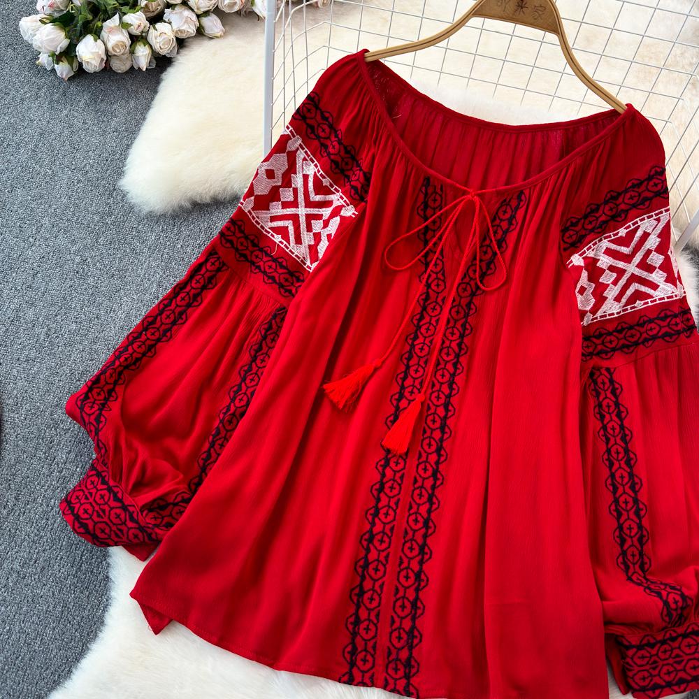Retro Embroidered Shirt Top Female 2025 Spring Lace Up Tassel Loose Lantern Sleeves Ethnic Style Blouse Female