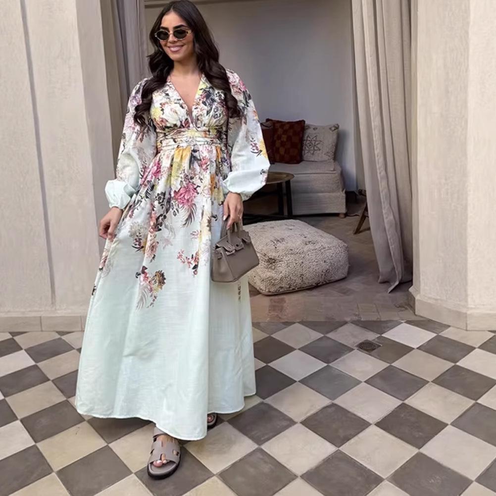 Cross-Border European & American Women's Fashion: Stand-Up Collar Print Dress with Ruffled Loose Fit & Drawstring