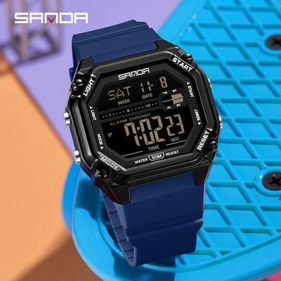 Sanda Sports Men's Square Luminous Waterproof Multifunctional Digital Watch with Stopwatch & Alarm.