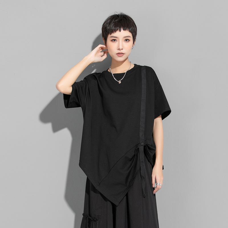 DIMANAF 2022 Plus Size Women Irregular Bat T-Shirt Casual Solid Tops Cotton Loose O-Neck Summer Short Sleeve Tees