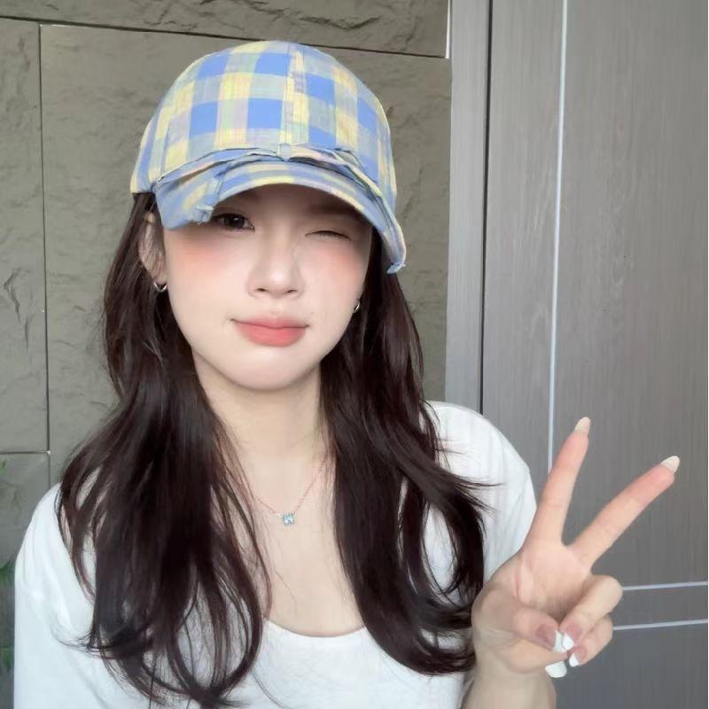 Niche design casual plaid bow baseball hat versatile big head circumference showing face small sunshade cap