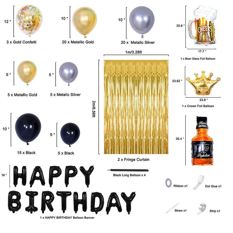 Beer-themed Black and Gold Birthday Party Wine Bottle Aluminum Film Latex Balloon Set of Decorative Items