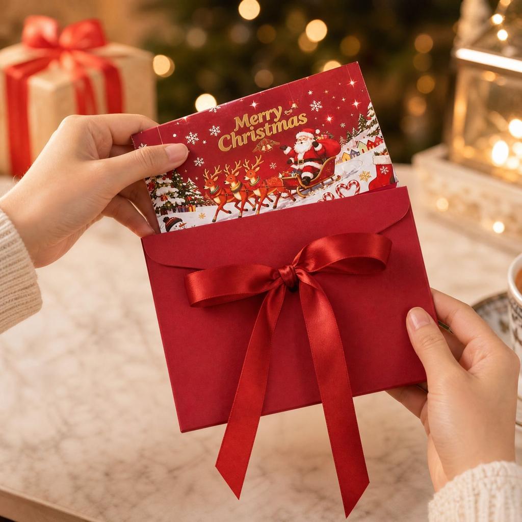 Christmas Red Envelopes with Foil Stamped Design, 6-Slot Folding Holder for and Gift Cards