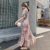 Summer New Dress Big Pendulum Dress Women's Floral Chiffon V-neck Abstract Design Five-quarter Sleeve High Waist Long Dress