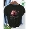 European Size Short-Sleeve T-Shirt with Rose Pattern Print