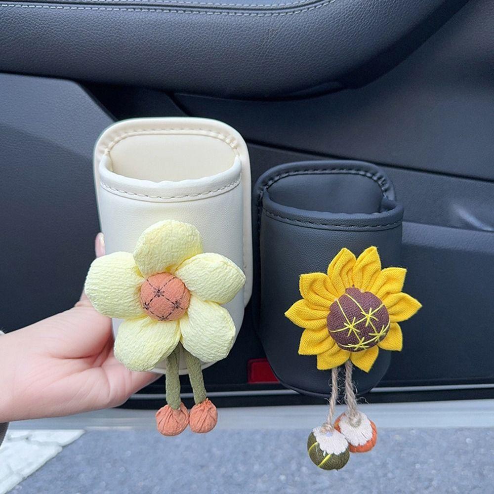 

Flower Car Door Cup Holder PU Leather Door Side Cup Storage Rack Car Interior Accessories D-White