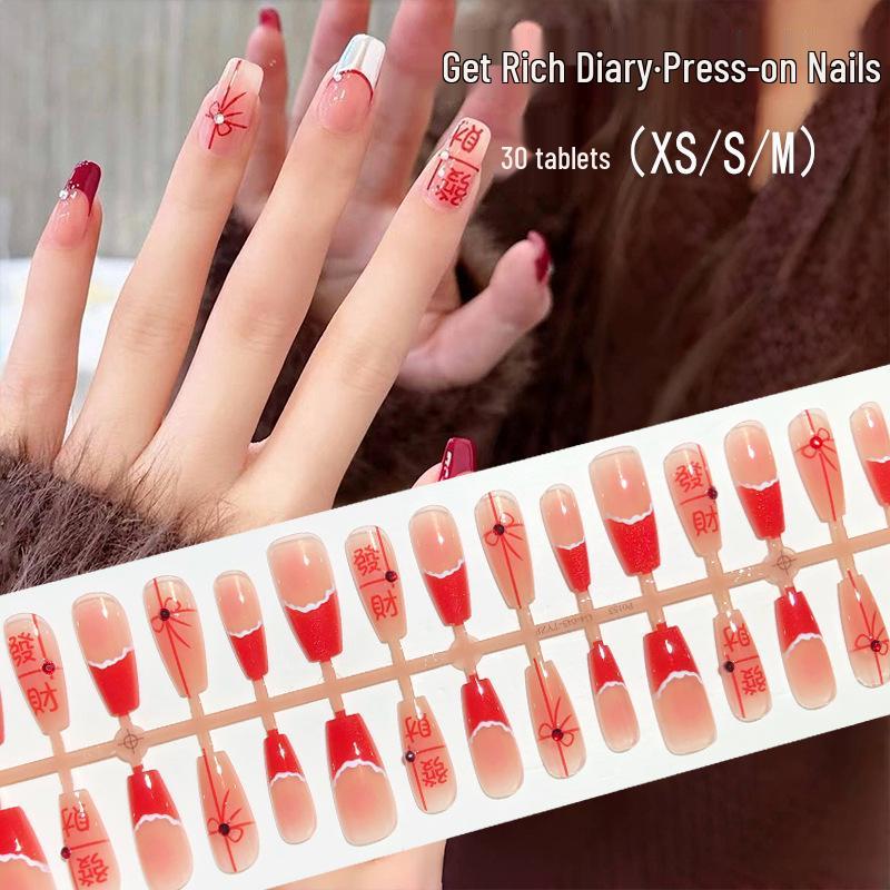 

Red Fortune Cat Eye Press-On Nails with Bow & Lace - New Year French Style