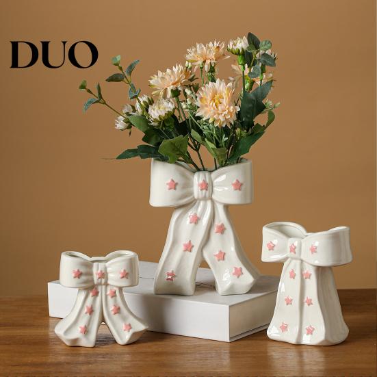 Dried Flower Holder Ceramic Bow Vase with Star, Decorative Flowers Vase, Creative Romantic Home Accessories Arrangement for Living Room Table
