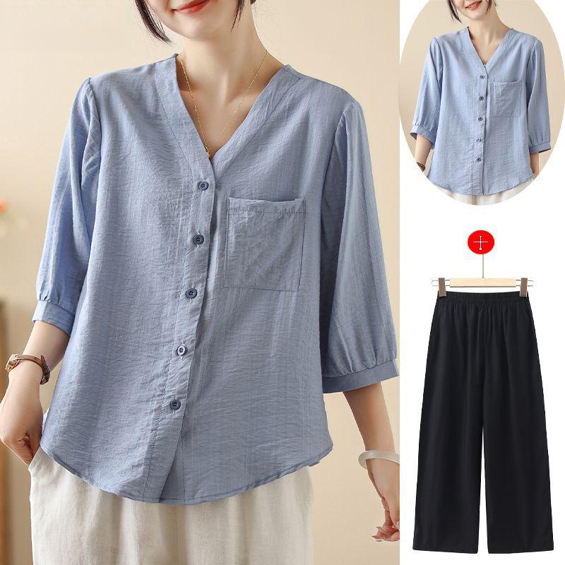 Summer Cotton Linen Lightweight Casual Shirt Set for Middle-Aged Women with Versatile Three-Quarter Sleeves