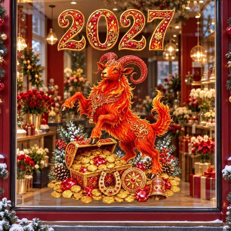 2027 Year Of The Sheep Decorative Window Stickers Reusable Static Cling Decals For New Year Christmas Home Bedroom Glass