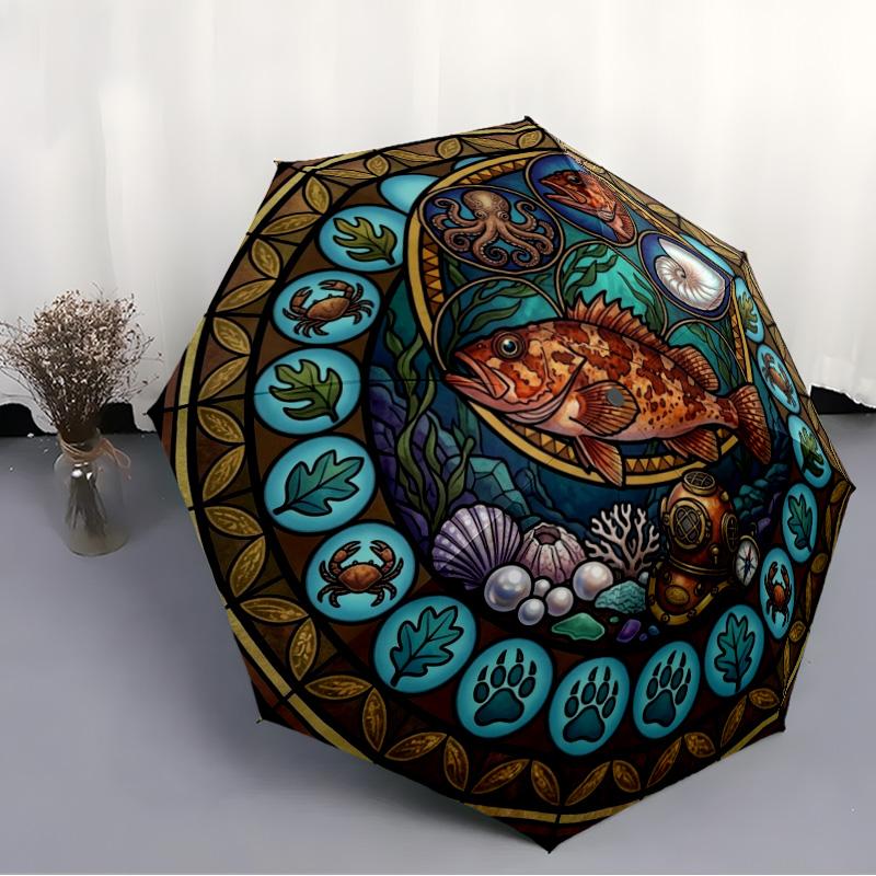 Underwater Marine Life pattern umbrella, portable and foldable design, 8 ribs, a casual accessory for Halloween, Christmas, and birthday gifts.