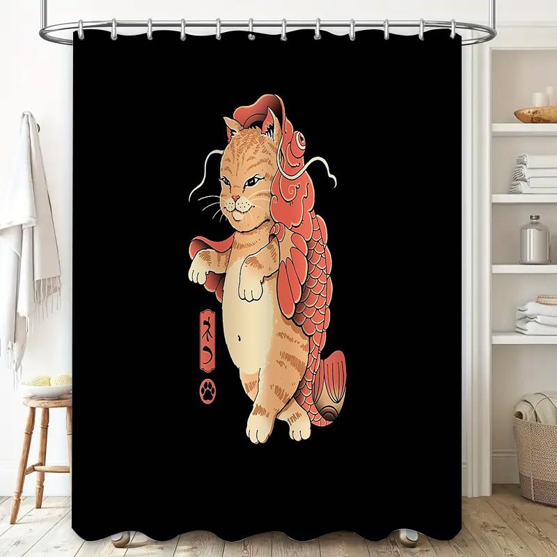 Japanese Cat Koi Fish Shower Curtain Anime Bathroom Decor Washable Waterproof Home Decor Japanese Style Wall Art Tapestry