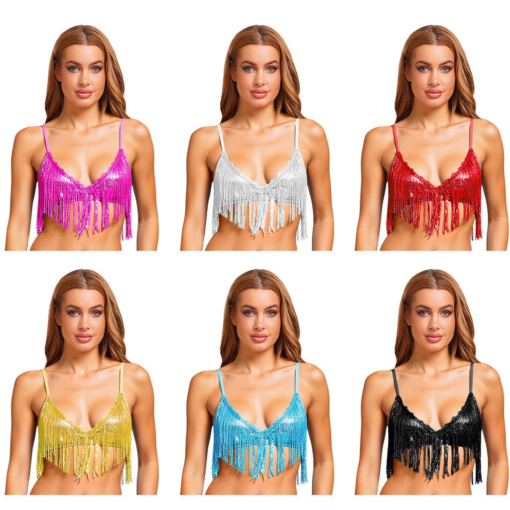 Womens Shiny Sequin Tassel Bra Tops S-3XL - Swing Sequin Fringe No-pad Wireless Bralette for Belly Dance Disco Clubwear