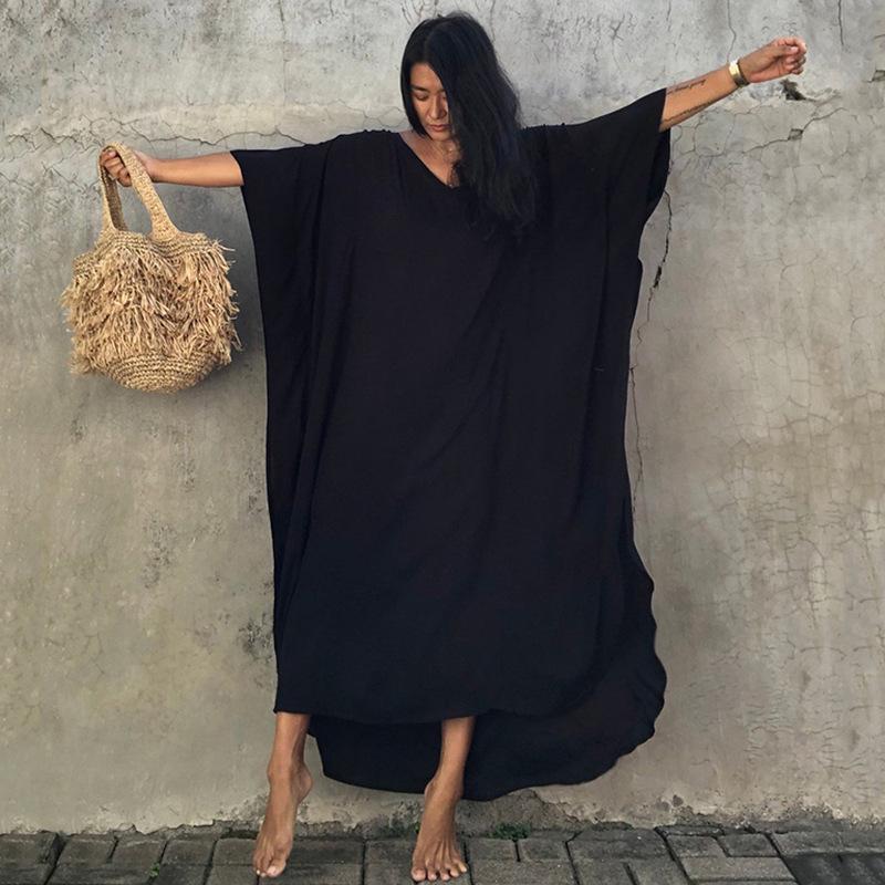 European & American Cotton Long Robe Beach Cover-Up: Solid Color Swimwear Sun Protection Dress