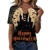 Women Casual V Neck Short Sleeve Button T Shirt Halloween Print Top Lightweight Comfortable Fit