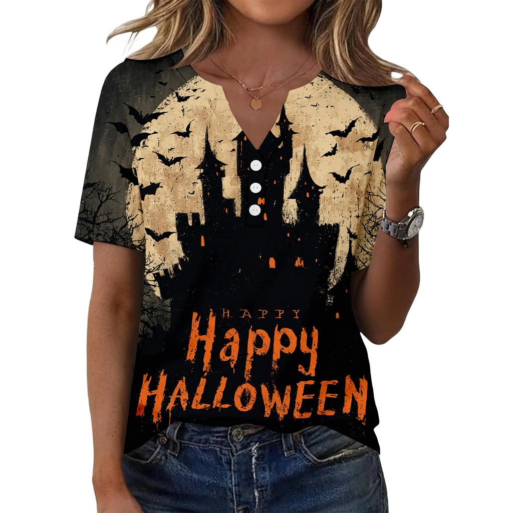 Women Casual V Neck Short Sleeve Button T Shirt Halloween Print Top Lightweight Comfortable Fit