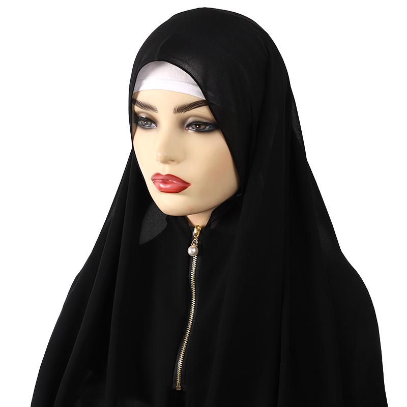 Muslim Hijab Scarf With Zipper Plain Bubble Chiffon Ready To Wear Veiled Hijab Wrap Solid Shawls Headscarf Turban Ramadan