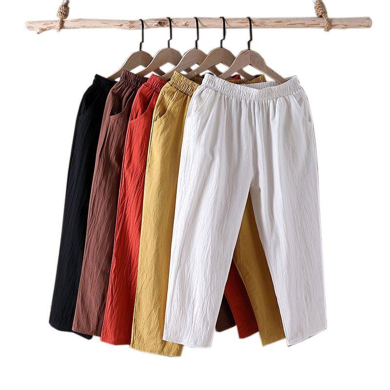 Cotton Linen Casual Female Pants Korean Style Loose Tapered Long Pants For Women