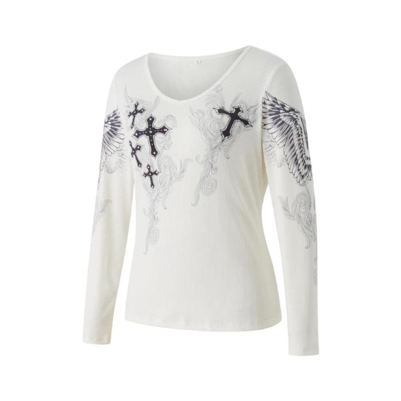 2KWEIRD Y2k Graphic Cross Wings Print Long Sleeve Women Grunge Fairy T-shirt Harajuku Tee 2000s Aesthetic Punk Style Clothes Streetwear