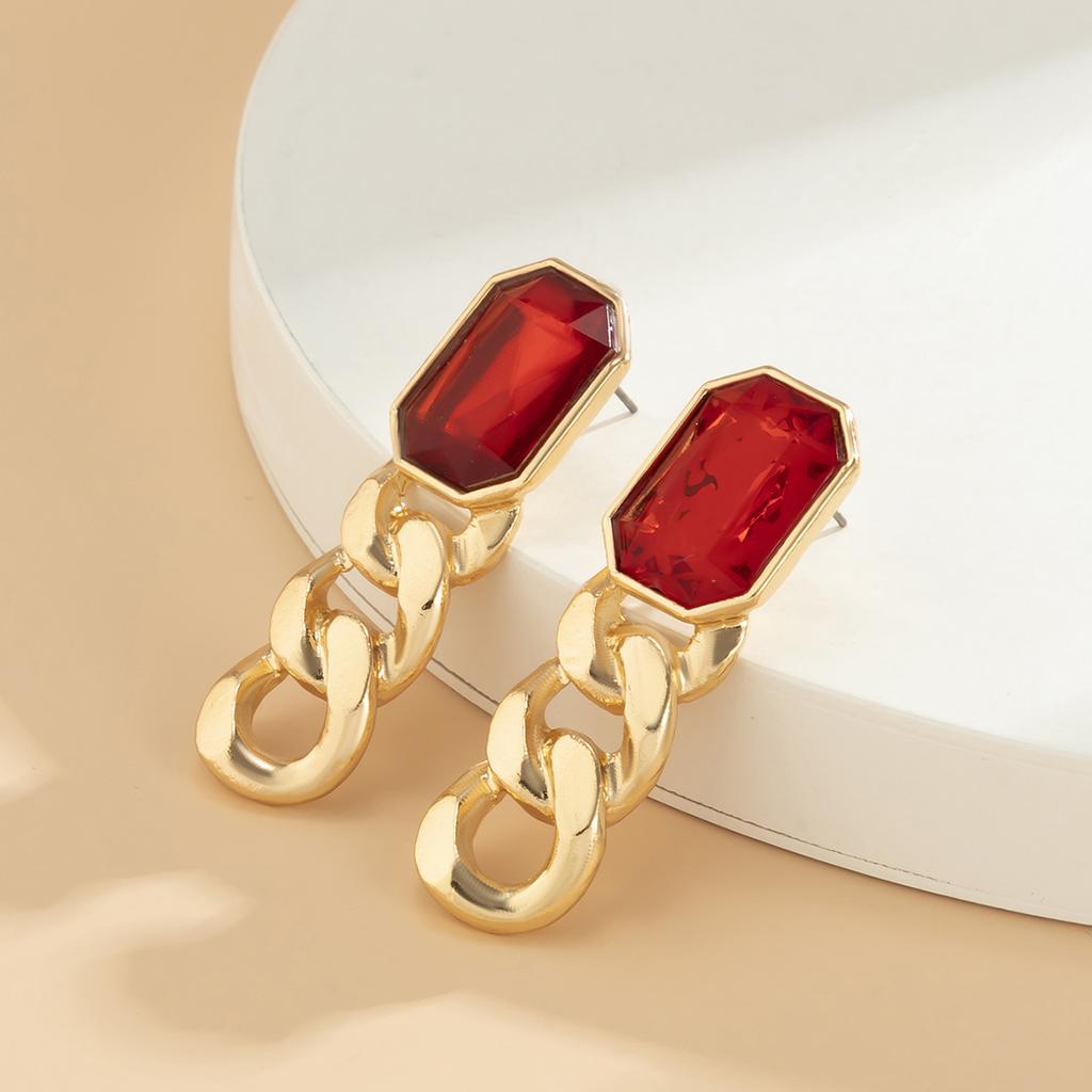 Temperament Simple Color Imitation Gemstone Stud Earrings Women, Retro Personalized Metal Chain Earrings