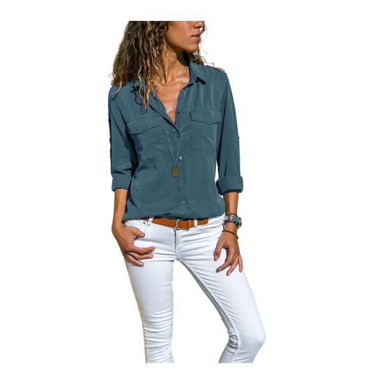 

Women Shirt Lapel Long Sleeve Buttons Placket Shirt Tops with Pockets Pure Color Regular Fit Casual Tops Work Daily Wear L синій
