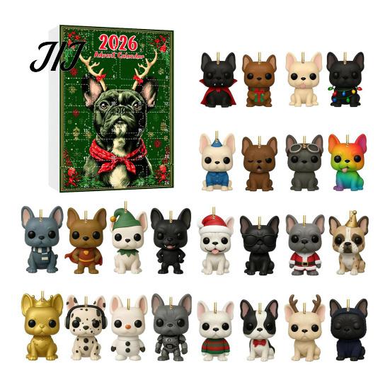 Collectible Dog Ornaments Bulldog Advent Calendar 2026, 24 Days Acrylic Puppy Christmas Countdown Calendar, Decorative Animal Pendant 2D Flat