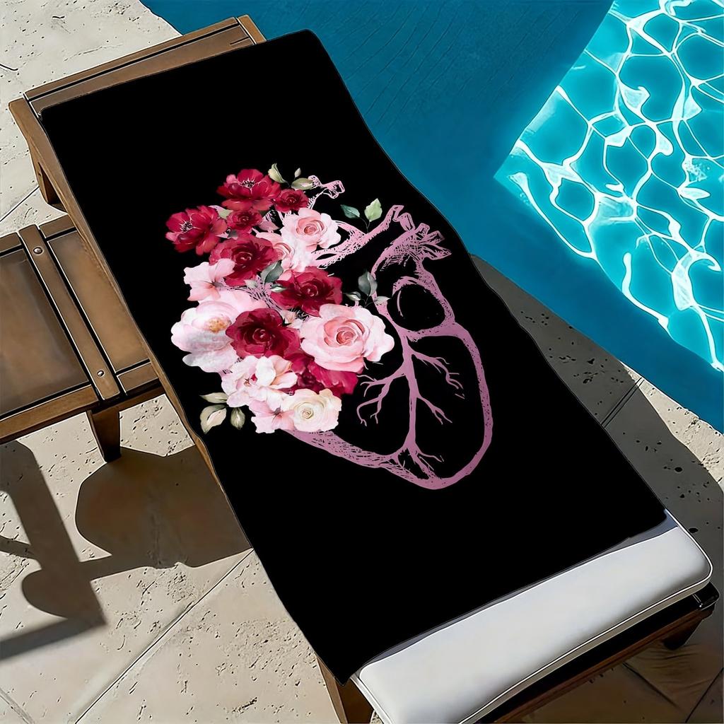 Elegant floral and heart pattern style polyester microfiber beach towel is highly absorbent, suitable for swimming beach outings
