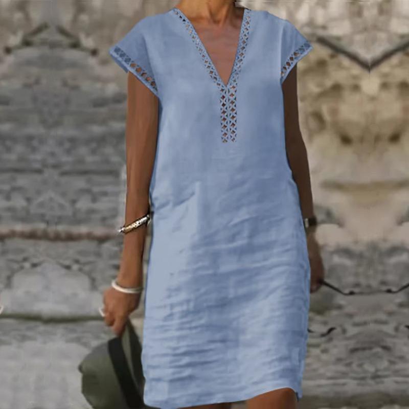 Summer New Women's Casual Lace Solid Color Cotton and Linen Dress