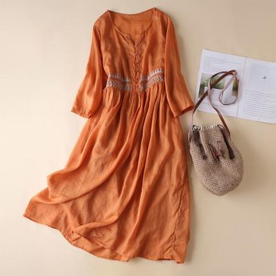 Dames Lente Zomerjurk Ronde Hals Etnische Stijl Borduren Lange Mouwen Hoge Taille A-lijn Half Single-breasted Effen Kleur Dubbele Lagen Midi-jurk