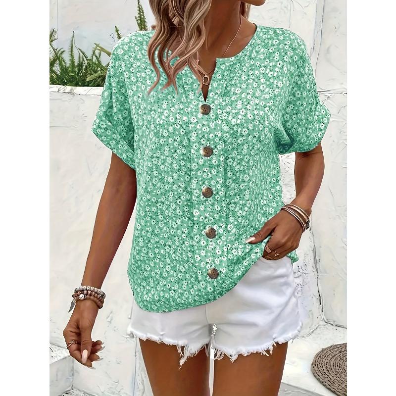 Summer Printed Women's T-shirt Elegant Floral Buttons Short Sleeve Loose Casual T-shirts Women Fashion Vintage Office Ladies Pullover Tee Tops New
