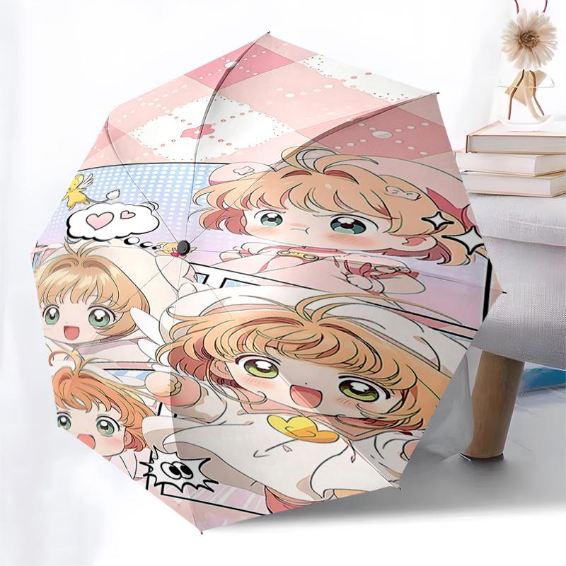 Chibi Girl Automatic Opening/Closing Umbrella with Cute Print Portable 3 Fold Design,8 Bone Iron Frame Outdoor Umbrella for Fans,Travele