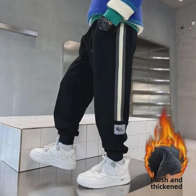 New 2025 Boys' Autumn/Winter Sports Sweatpants: Velvet-Cuffed, Medium/Large Casual Trousers Trend.