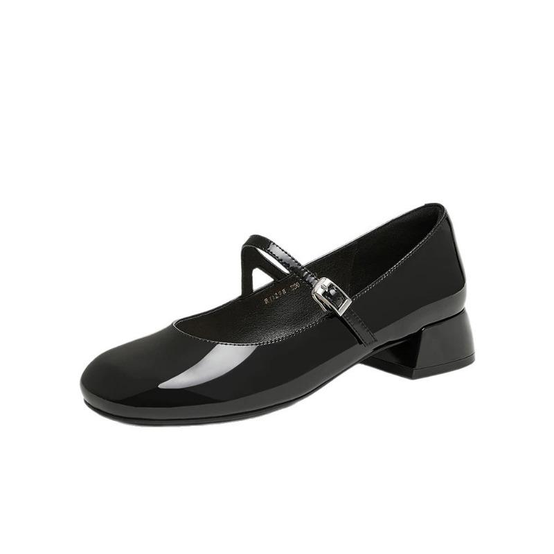 Patent Leather Mary Jane Shoes Women's Round Head Shallow Mouth Spring New Product Cross Strap Niche Buckle Square Heel Single Shoes