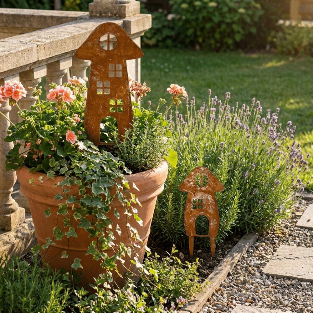 Mushroom House-Shaped Mushroom Garden Inserts Metal Rusty Mushroom Plaque  Courtyard Balcony