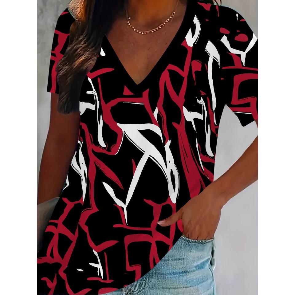 Vintage Floral Summer Fashion Casual Women's T-Shirts 3D Print V-Neck T-Shirt Daily Loose Short Sleeve Tops