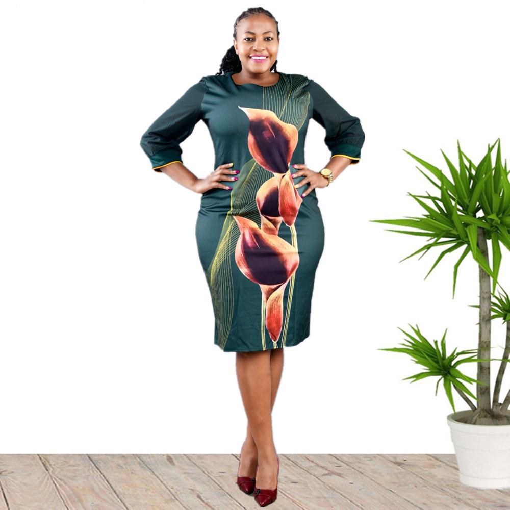 6XL African Plus Size Women's Three-Quarter Sleeve Round Neck Print Dress