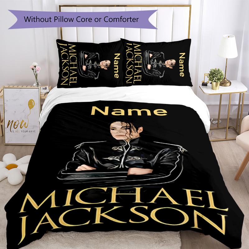 3pcs Custom Name Cartoon Michael Jackson Bedding Set Duvet Cover Closure Includes 1 Duvet Cover & 2 Pillowcases for All Seasons Bedroom Decor