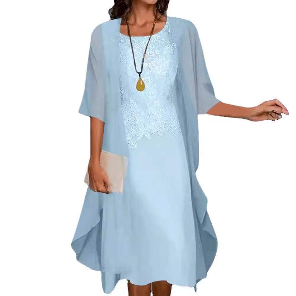 Set Rochie Două Piese din Șifon Monocrom cu Garnitură din Dantelă În Stoc