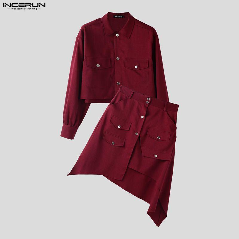 INCERUN Women Men Long Sleeve Cropped Tops and Irregular Skirts Sets Outfits