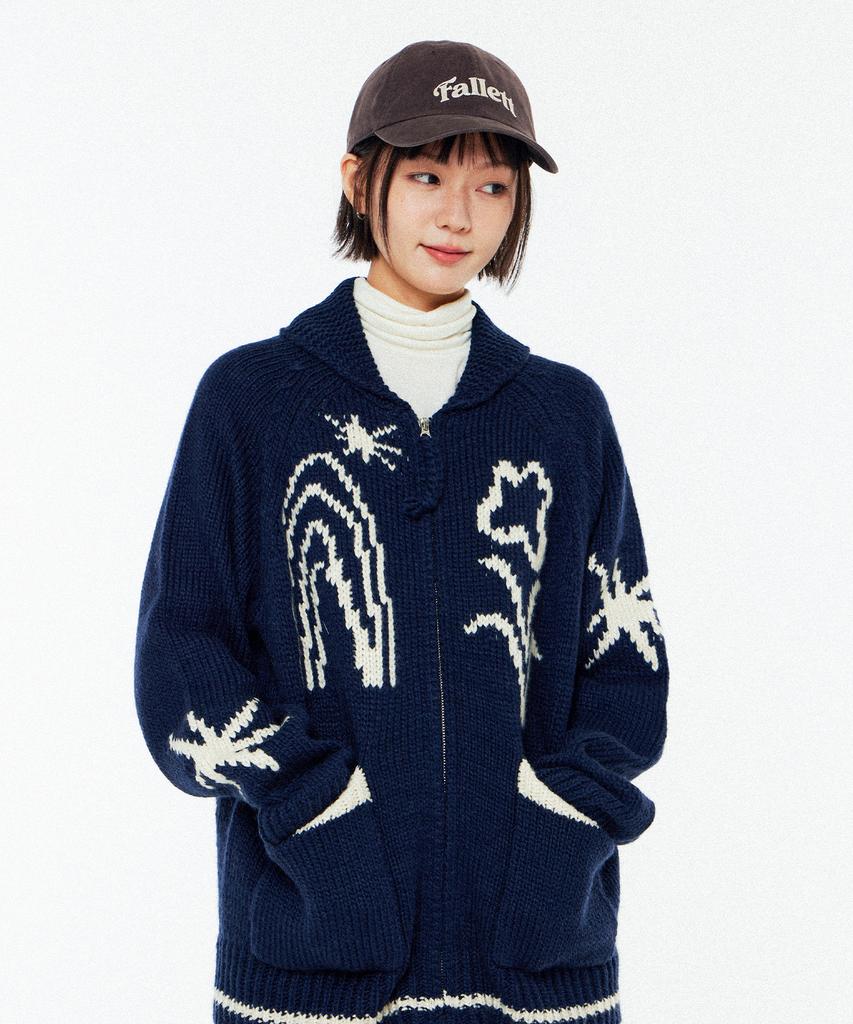 Fallett Drawing Garden Cowichan Knit Zip-Up Navy