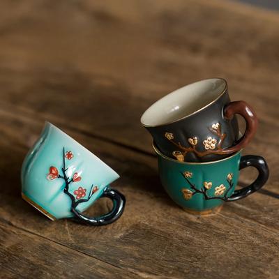 50/70ml Chinese Handmade Plum Pattern Ceramic Tea Cup Small Coffee Cups with Handle China Porcelain Mugs Tea Set T014