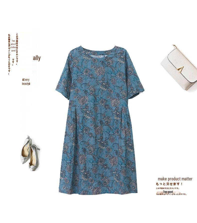 Floral Linen A-Line Dress for Women, 2024 Summer Collection – Elegant Slimming Style for Middle-Aged Mothers